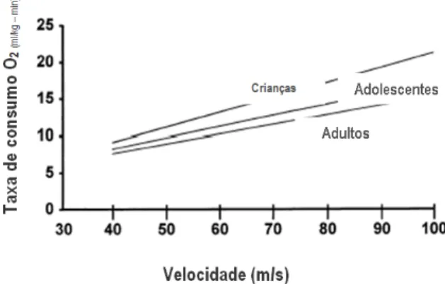 Figura 2.12: Taxa de consumo de O 2  em função da velocidade em crianças, adolescentes e adultos (adaptado de  (Waters, 1999)).