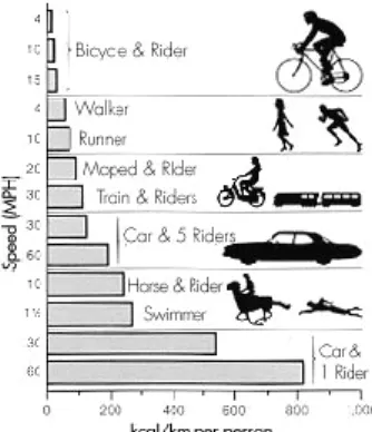 Figura 2.1: Comparação dos custos energéticos entre diversas formas de transporte [Science  of Cycling] 