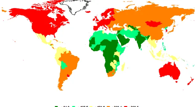 Figura 1 -  Representação geográfica da taxa de incidência do cancro em todo o mundo (por 100 mil habitantes) no ano de  2008