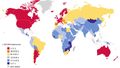 Figura 3 - Representação geográfica da taxa de incidência do cancro da mama em todo o mundo (por 100 mil habitantes) no  ano de 2008