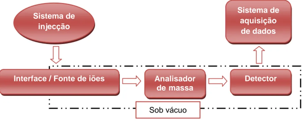 Figura 2.6 – Diagrama simplificado dos principais componentes de um espectrómetro de massa.