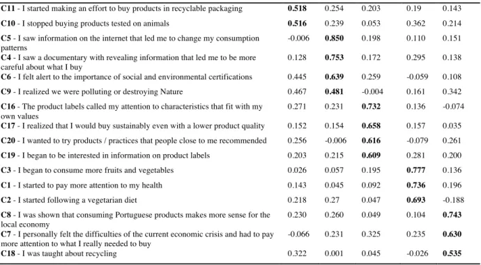 Table 3.3: Results from EFA: the five dimensions of the CSC construct and the items measuring each  of  them  (for  each  of  the  initial  items  a  standardized  factor  loading  is  boldfaced,  indicating  the  dimension the item is suggested to measure