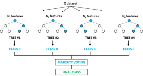 Figura 3.3: Exemplo do RF e das suas árvores de decisão. (fonte:https: