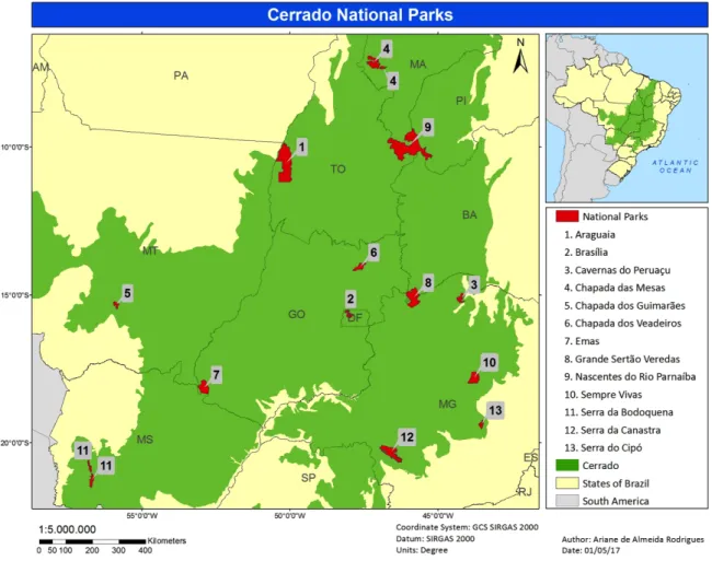 Fig. 5. Map of the study area encompassing 13 National Parks located in the Brazilian Cerrado biome