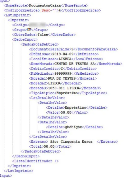 Figura 3.3: Representac¸˜ao XML do Input do MI para obtenc¸˜ao de uma nota de cr´edito Em caso contr´ario, recorre-se aos Objetos de Dados (OD)