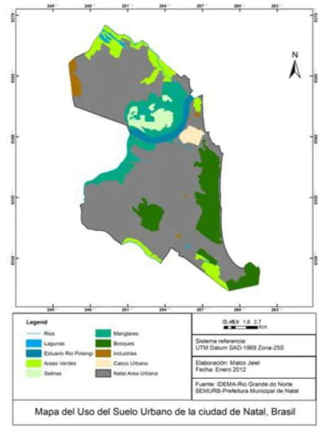 Figura 4 - Mapa del uso del suelo urbano de la ciudad de Natal, Brasil. Fuente: IDEMA/RN y  SEMURB/Ayuntamiento de Natal
