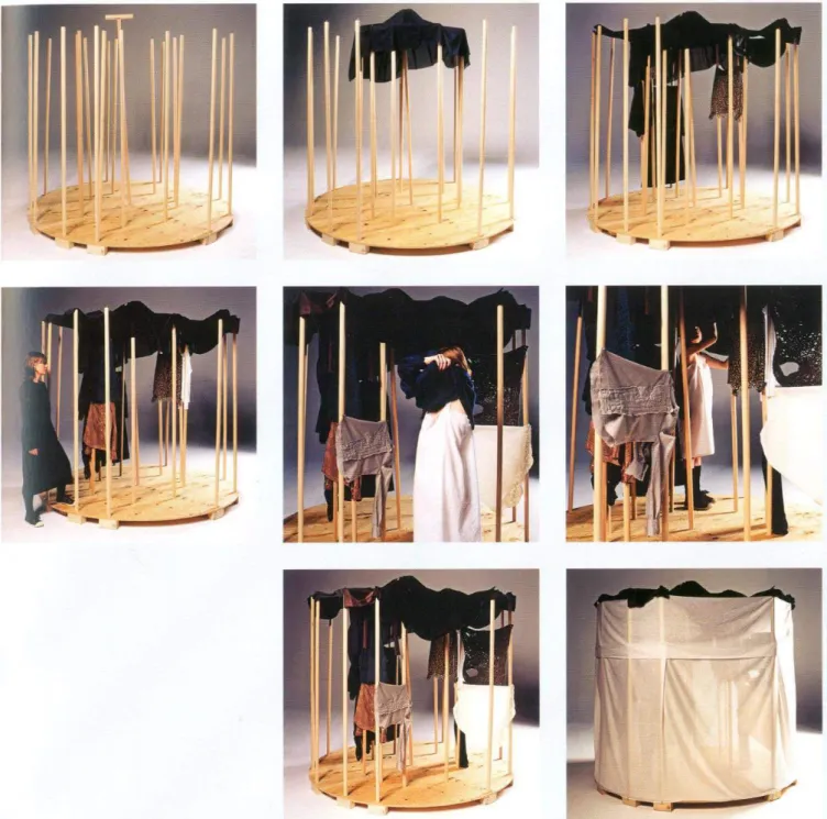 Fig. 5 - designer Tess Giberson, Structure 1 Colecção Outono/Inverno 2003-2004. A partir das próprias roupas as  modelos criam o invólucro espacial do abrigo