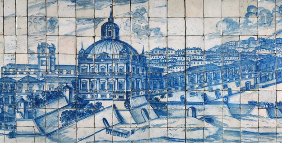 Fig. 9 – Pormenor do Grande panorama  de Lisboa,Paço da Ribeira, Lisboa c. 1700,  Faiança a azul sobre branco,  