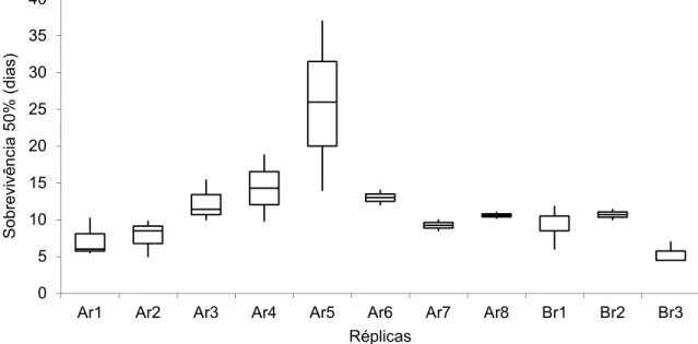 Fig. 13 – Box and whisker plot do tempo médio de redução da sobrevivência do número de indivíduos de P