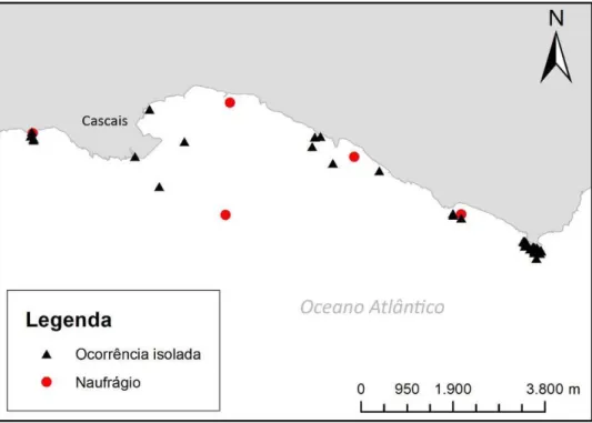 Figura 3: Distribuição geral dos naufrágios e outras ocorrências patrimoniais identificadas até 2012