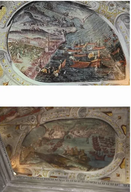 Figura 11 Em cima, Pormenor do Fresco do Viso del Marques que regista o conjunto de fortificações que  protegiam  a  entrada  de  Lisboa  (Foto  Augusto  Salgado)
