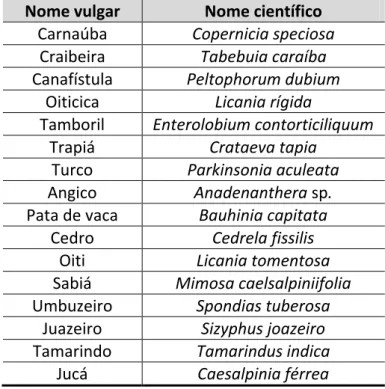 Tabela 01 - Relação de algumas espécies nativas utilizadas na recomposição de mata ciliar