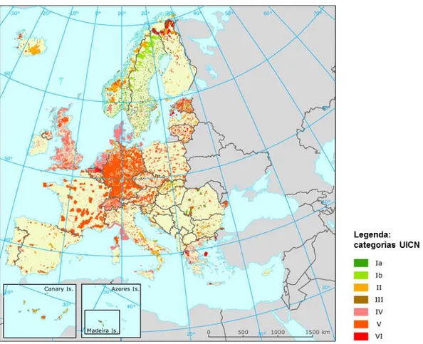 Figura 5. Distribuição na Europa dos sítios protegidos a nível nacional, com a correspondente categoria UICN  (European Environment Agency, 2012)