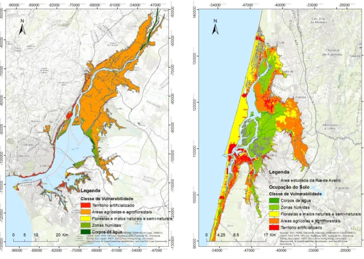 Figura 3.14 Cartografia simplificada da ocupação do solo no (a) Estuário do Tejo e (b) Ria de Aveiro, adaptada da  COS 2010 