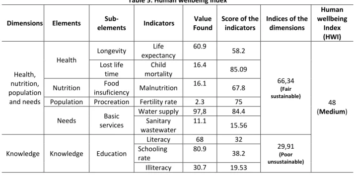 Table 5: Human wellbeing index 