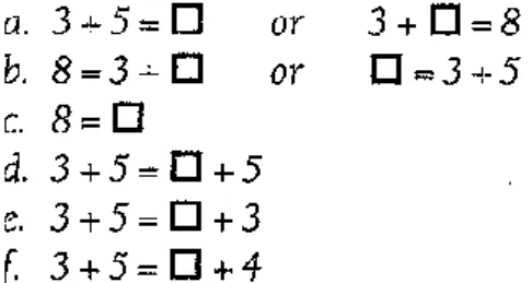 Figura 4 – Expressões numéricas verdadeiras e falsas (Carpenter et al., 2003, p. 16)  Também as expressões numéricas abertas desempenham um papel importante no  desenvolvimento  do  pensamento  relacional,  em  particular  na  compreensão  do  sinal  de  i