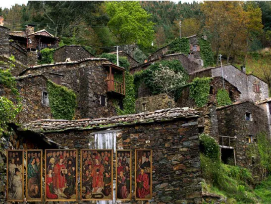 Figura 1 - fotomontagem: Painéis de São Vicente, sobre Serra da Lousã, Talasnal, casa de xisto