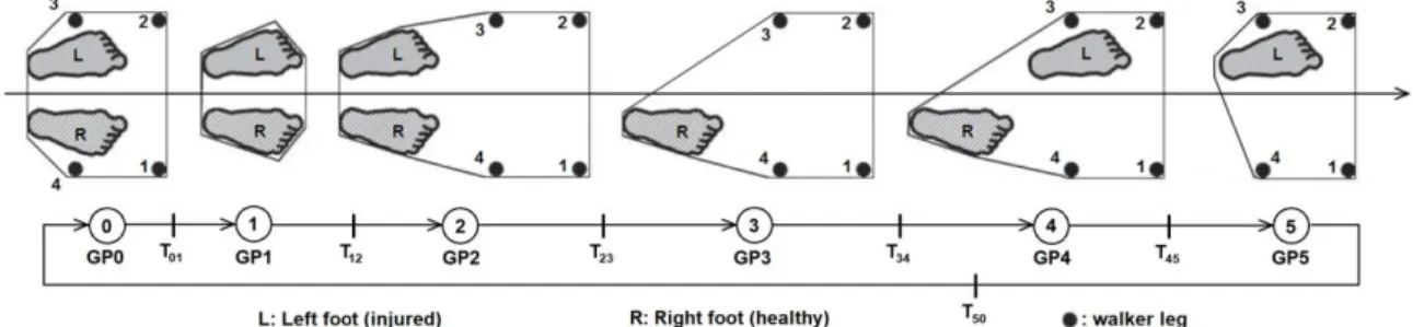 Figure 2. Gait Phases (GP) during a walker step (the polygon delimits the support area)