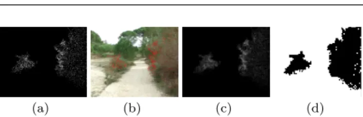 Fig. 8 (a) Projection of the 3D points in the plane of the camera; (b) 3D points, in red, projected on the original image;