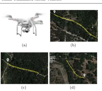 Fig. 11 UAV platform used in the acquisition of the test videos used to validate the proposed system, and examples of the paths realized by the UAV