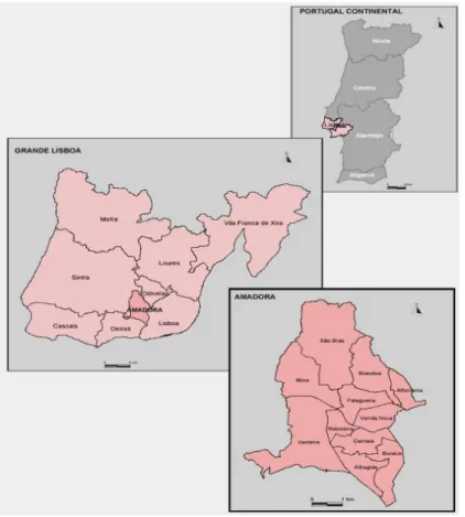 Figura 2 - O concelho da Amadora em Portugal e na Grande Lisboa