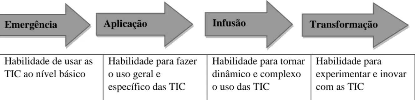 Figura 5. Fases de integração das TIC no ensino (retirado de Mary, Verma &amp; Anubha, 2011)  Em seguida, apresenta-se um roteiro que contribuiu para a construção do referencial de  competências TIC para os professores na Tanzânia (Tabela 5)