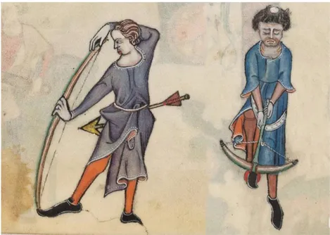 Figura 5 - Arqueiro segurando o arco e besteiro armando a besta com recurso ao estribo   in Luttrell Psalter MS 42130 f