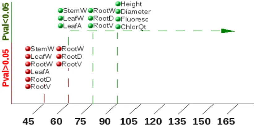Figure 13:Treatment effect significance in measured  variables through time. In green, significant differences; in  red, non-significant (W-weight, A-area, D-diameter,  V-volume, Flouresc-Quantum efficiency,   ChlorQt-Chlorophyll content)