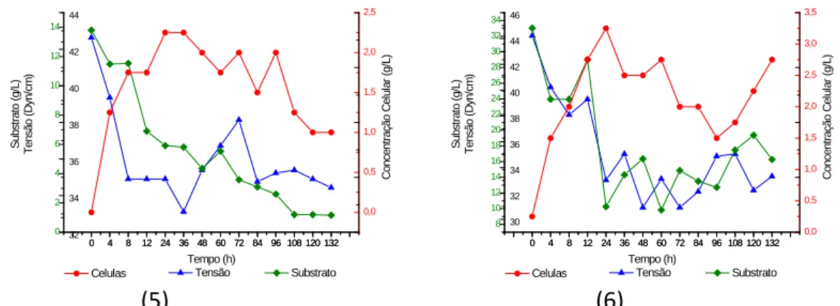 Figura 2 – Curvas de crescimento celular, consumo de substrato, variação da tensão superficial para os  ensaios 1, 2, 5 e 6 
