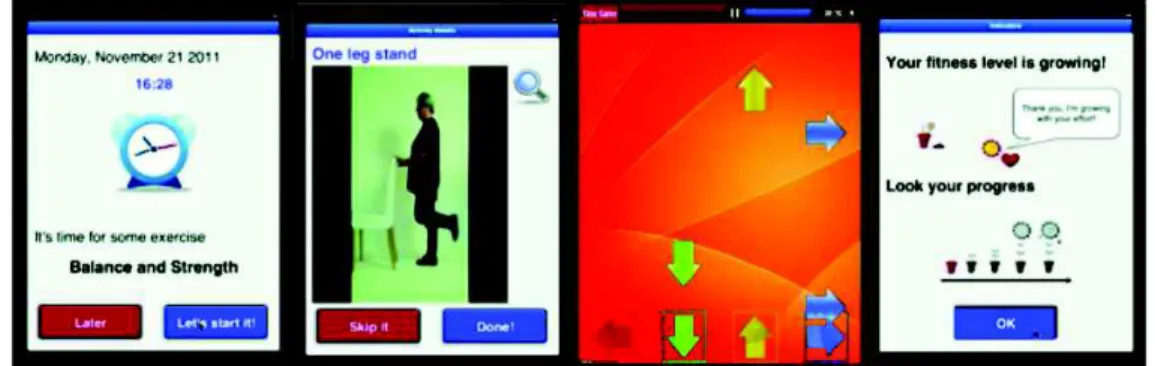 Figure 2.4: Screens of the Stepmania application where users: are alerted to start a session; follow video tutorials for interaction; play games; positive reinforcement and self-monitoring is used with a flower metaphor