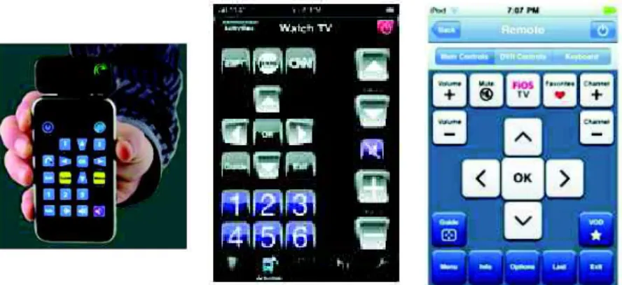 Figure 2.12: Some smart-phone touch-based RCs examples: the reRemote (left); the redEye remote (middle); and the Verizon FIOS app