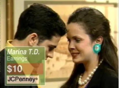 Figure  9  shows  an  example  where  the  earrings  were  selected.  This  pioneer  system,  developed  at  MIT  Media  Lab,  explored  the  need  to  access  further  information about  a  program  that  is  being  watched,  taking  into  account  users’