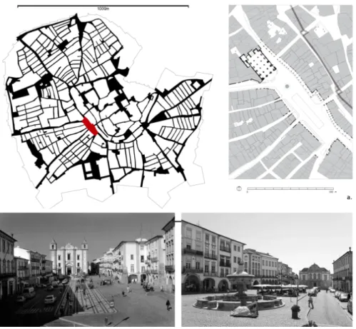 Fig.  1:  From  the  top to down  :  Évora city center,  Praça do Giraldo  planimetry and photos,  Guimarães  city  center.  Praça  de  Santiago  (b.)  and  Largo  da  Oliveira  (c.)  planimetry   and  photos. a. and d. in Silva (2009). 