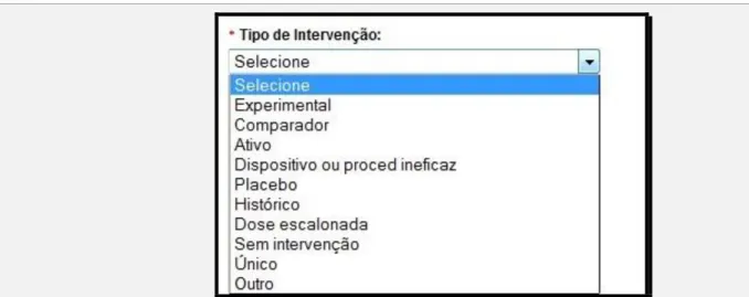 Figura 3 Apresentação das alternativas disponíveis no item “Tipo de Intervenção” - Plataforma Brasil 58