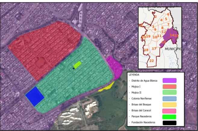 Figura 4. Etapas de Mojica y puntos importantes   ―El  barrio  Mojica  II  surgió,  entonces,  como  un  proyecto  de  solución  a  la  problemática de vivienda de interés social en la ciudad.‖ (CENTENO, 2012: pág