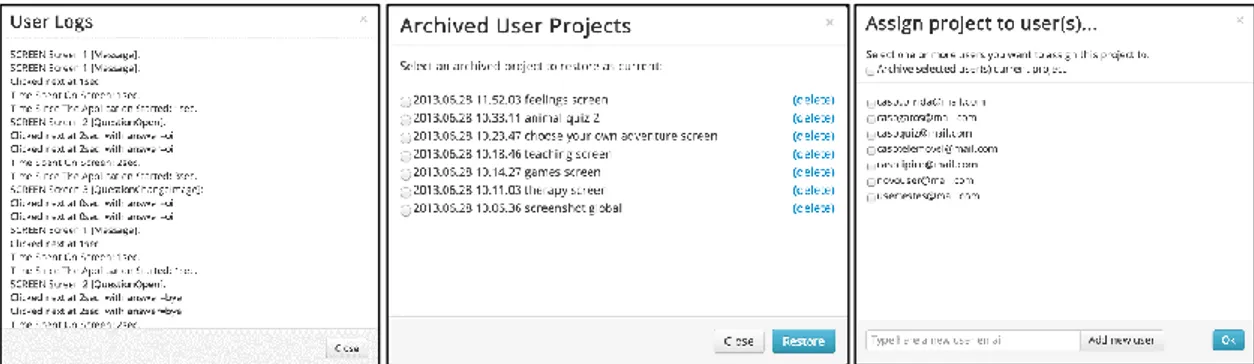 Figure 21 - DETACH user logs, archived projects and available users dialog 