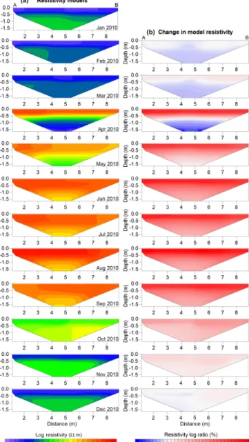 Figure 7. (a) Inverted resistivity tomograms of 12 monthly spaced A-ERT datasets between January and December 2010, based on data measured on the 28th of each month, and (b) relative resistivity changes based on the first ERT dataset referred to January.