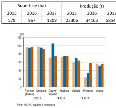 Figura 2. Produção nacional das principais hortícolas. Fonte: INE (2018).