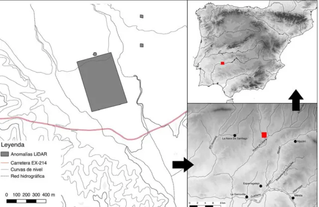 Fig. 1: Localización de las estructuras documentadas en la rivera de Lácara (Mérida, Badajoz)