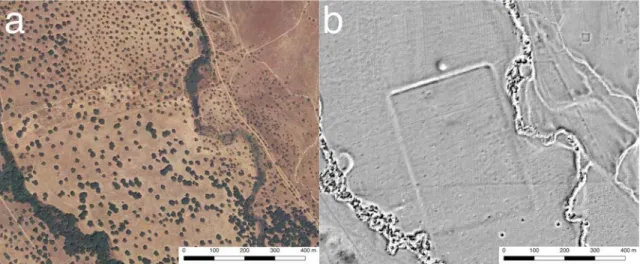 Fig. 2: Comparativa entre una ortoimagen aérea y los datos del LiDAR del castra estudiado