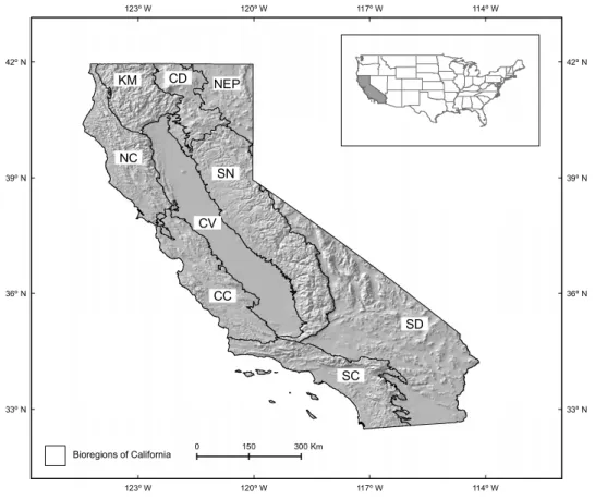 Figure 1. Shaded relief map of the California bioregions as defined by Sugihara et al