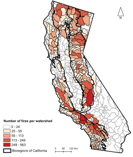 Figure 2. Partition of California into hydrologic sub-units (watersheds) according to the CalWater map and number of fires per unit