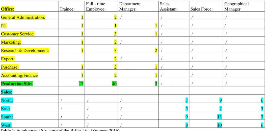 Table 1: Employment Structure of the Biffar Ltd. (Summer 2016) 