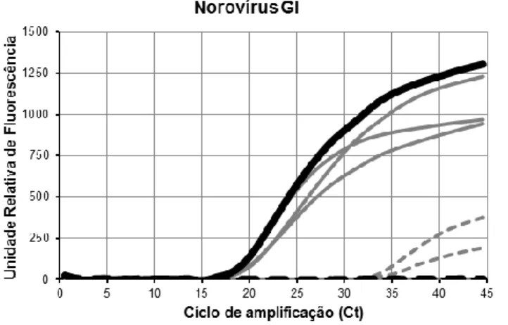 Figura 1: Exemplo de curvas de amplificação de experiências de otimização das condições para a deteção de  ácidos nucleicos de NoV GI