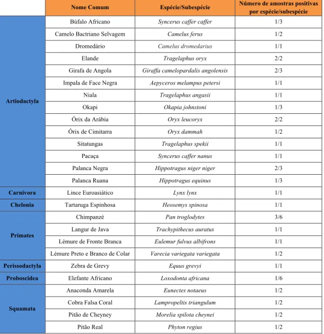 Tabela 3.1 - Número de Espécies/Subespécies de animais com amostras positivas para Cryptosporidium spp