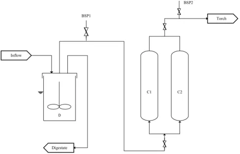 Figure 3.1: Completely mixed AD lab scale unit. Acronyms: D - Digester; BSP# - Biogas  sampling point; C# - Water columns