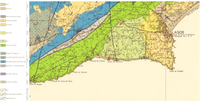 Figura  3.3.1  -  Enquadramento  Geológico  do  sector  costeiro  Burgau-Lagos  (Excerto  da  Folha  52-A , da Carta Geológica de Portugal na escala 1:50.000)
