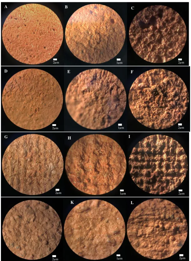 Figura 4.3.Imagens microscópicas da superfície cerâmica provete P1 a Lastra (A,B,C), provete P1 a  Roda (D,E,F), provete P2 a Lastra (G,H,I) e provete P2 a Roda (J,K,L)