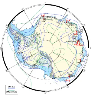 Figura 8 – Velocidades verticais da crusta na Antártica [Bevis et al., 2009]. 