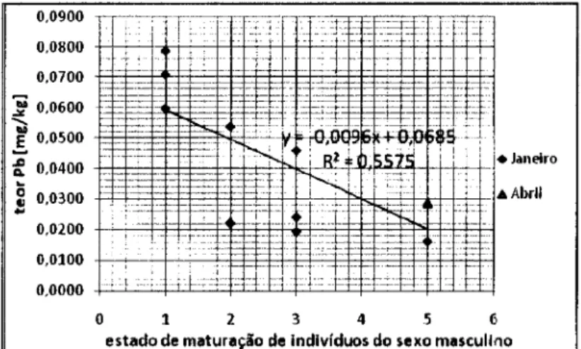 Figura 9 - Variação do teor do Pb em músculo de C. lucernus em função do estado de maturação de  indivíduos do sexo masculino